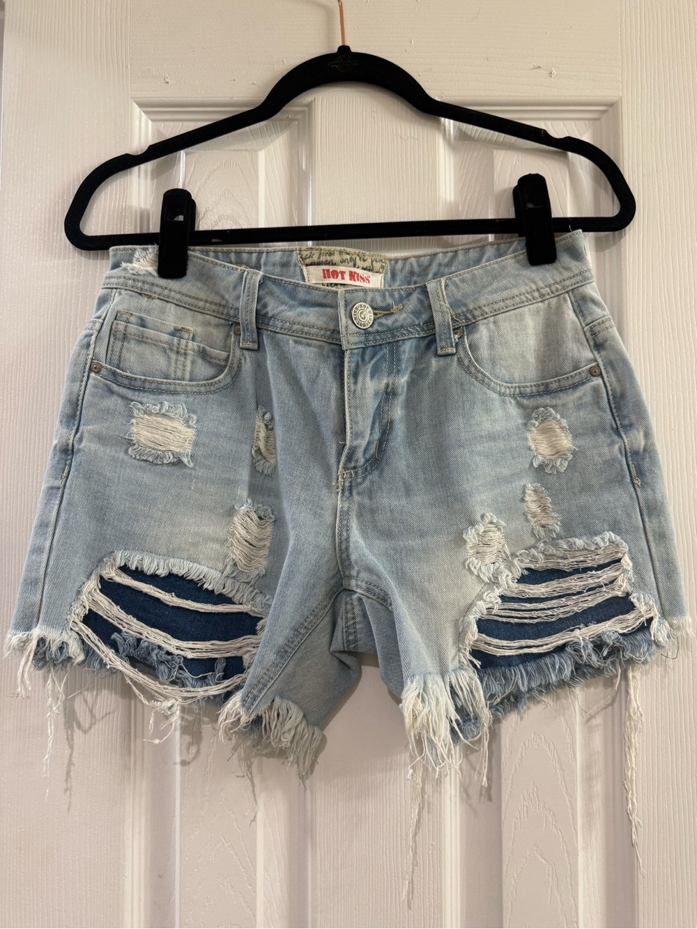 Hot Kiss Light Blue Distressed High-Rise Denim Shorts